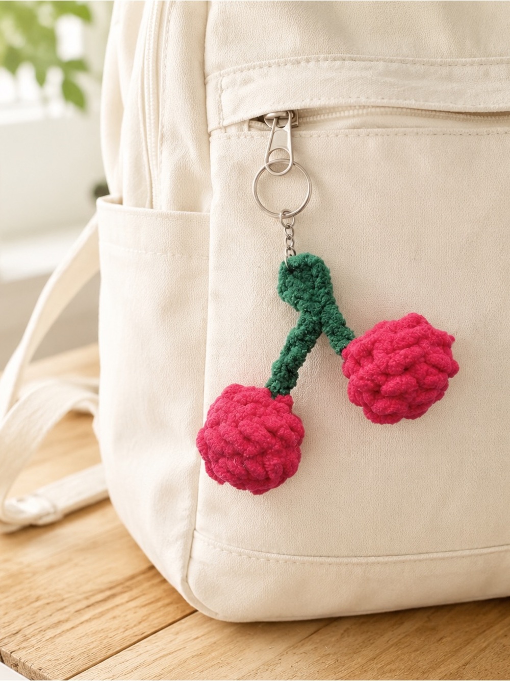 Handmade Crochet Cherry Keychain – Chenille Yarn Bag Charm